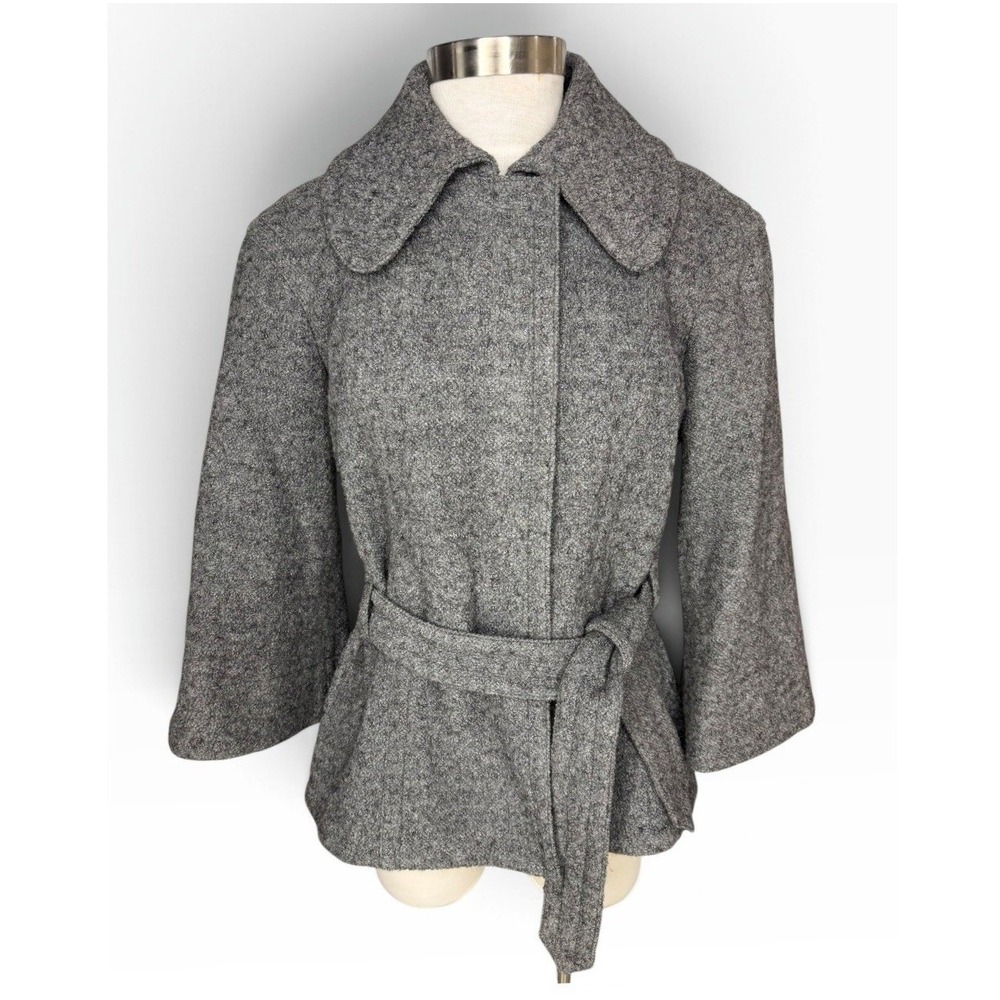 Focus 2000 Wool Blend Capelet Jacket Gray Belted Oversized Collar Swing Coat